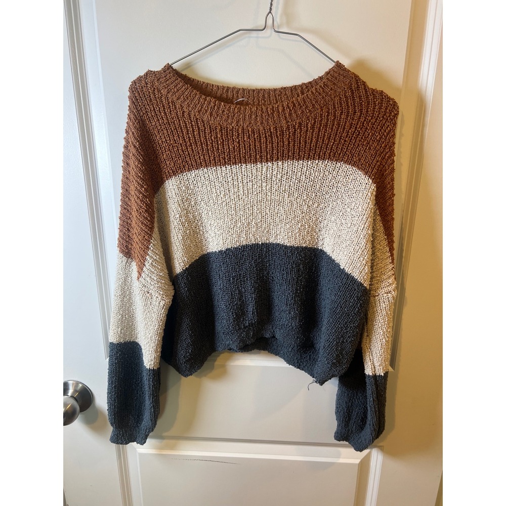 Debut Womens Sweater Colorblock Textured Knit Brown Size M